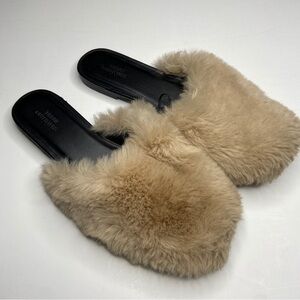 Urban Outfitters Furry Slides Mules Tan Black Shoes Size 7